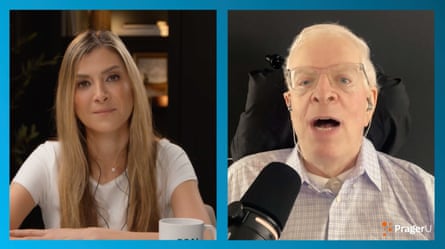 A woman and a man talk side by side on a video call