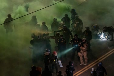 ICE officers clash with demonstrators amid green smoke and flashlights