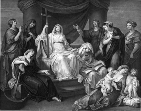 A contemporary engraving of the painting Religion Attended by the Virtues, which may have been destroyed in the Blitz.