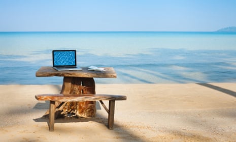 Office on the beach, computer and table