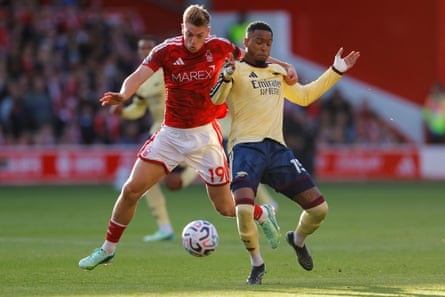 Konsa does battle with Liam Delap during Arsenal’s 1-0 win at Nottingham Forest
