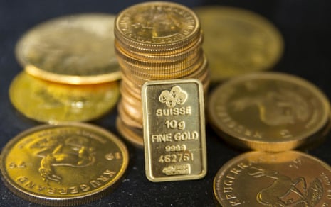 Gold bullion is displayed at Hatton Garden Metals precious metal dealers in London.