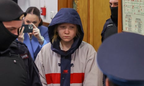 Darya Trepova, 26, at the Basmanny district court escorted by officers, in Moscow on Tuesday.