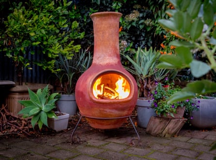 A chiminea standing on a patio among pots of plants