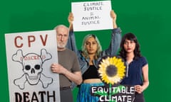 Photograph of activists Disha Ravi, Francesca Vaz, and actor James Cromwell holding placards and banners about the climate crisis