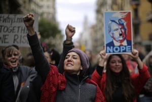People shouts slogans during the Women’s March rally in Barcelona, Spain