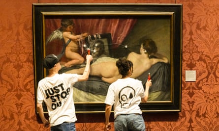 Just Stop Oil protesters smash the glass protecting Velasquez’s Rokeby Venus by at the National Gallery in London