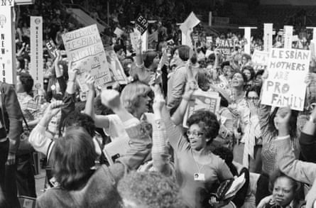 Delegates in the New York section cheer the passing of a resolution supporting the Equal Rights Amendment at in Houston in 1977.