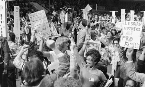 Delegates celebrate the passing of a resolution supporting the Equal Rights Amendment at the national women’s conference in Houston, Texas in 1977