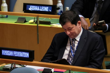 L'ambassadeur adjoint de Russie auprès de l'ONU, Dmitri Polyanskiy, lors du discours de Volodymyr Zelenskiy devant l'Assemblée générale de l'ONU à New York.