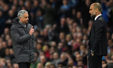 José Mourinho and Pep Guardiola during the dismal midweek derby match between Manchester United and Manchester City.