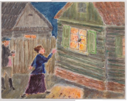 A painting of a woman throwing rocks at a window