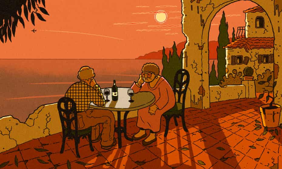 Illustration, of elderly couple drinking wine in Mediterranean home as sun sets, by R Fresson