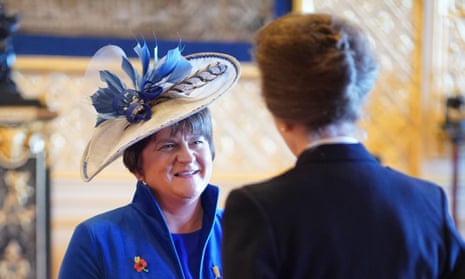 Arlene Foster, the former DUP leader and former first minister of Northern Ireland, being made a Dame Commander of the British Empire by the Princess Royal at Windsor Castle today.