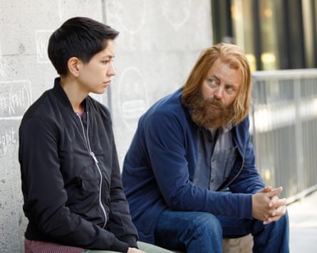 Sonoya Mizuno and Nick Offerman in Devs