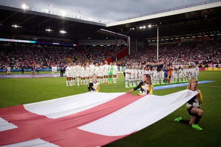 Both teams line up for the national anthems before the Euro 2022 semi-final match between England and Sweden at Bramall Lane