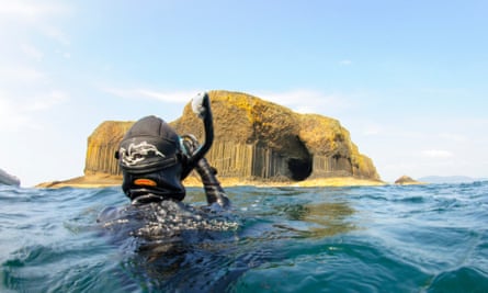 Snorkelling near Fingals cave!, Hebrides. Basking Shark Scotland