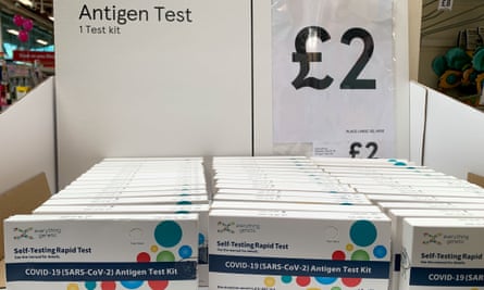 Covid-19 lateral flow tests for sale at £2 each in Tesco, April 2022.