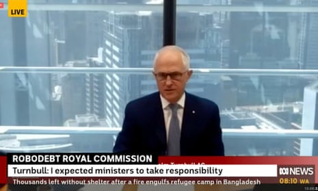 Screenshot of Malcolm Turnbull attending the robodebt enquiry via videolink.