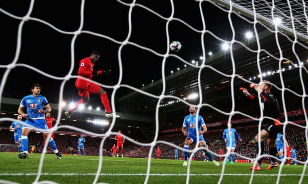 Divock Origi climbs highest to score Liverpool’s second goal.