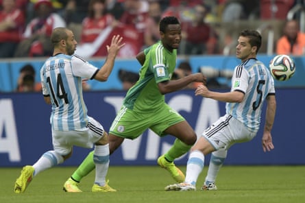 Javier Mascherano (left) and John Obi Mikel (centre) in action in the 2014 World Cup. They are among players who might getting a sense of deja vu on 26 June in Russia.