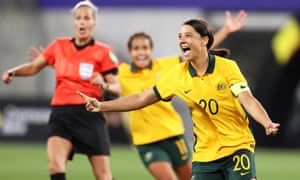Sam Kerr celebrates after scoring the second for the Matildas in their friendly against Brazil at CommBank Stadium.