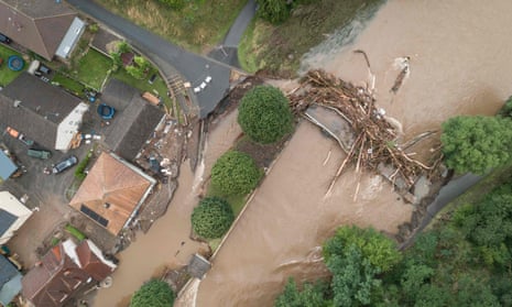 An aerial view of bridge damaged by trunks after heavy rains and flood in Echtershausen, near Bitburg, western Germany