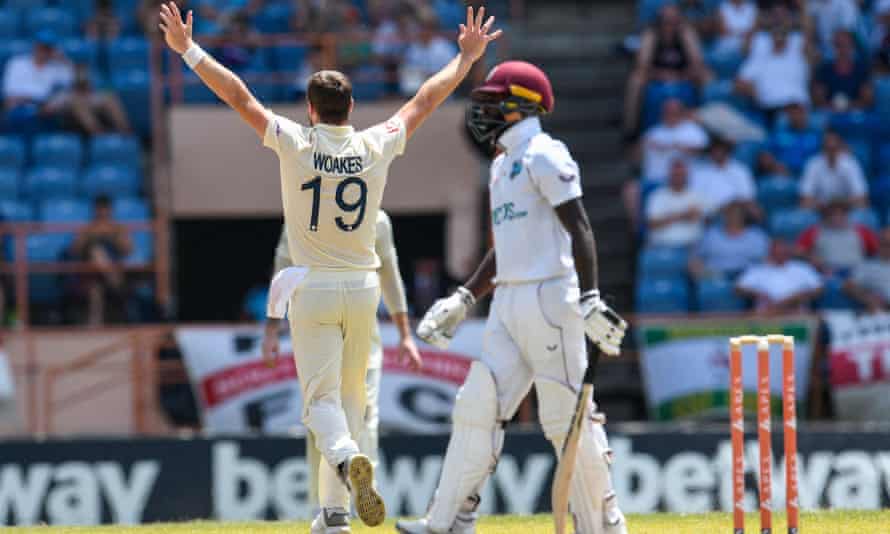 Joshua Da Silva stands firm to give West Indies narrow lead over England | England in West Indies 2022 1 Chris Woakes celebrates the dismissal Jermaine Blackwood.