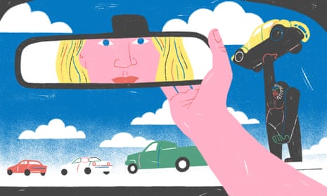 illustration of a woman looking in rearview mirror with gorilla holding up yellow car