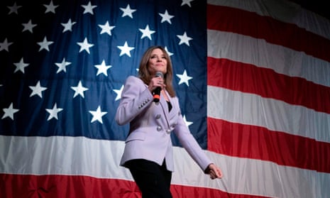 Marianne Williamson speaks at the Wing Ding Dinner in Clear Lake, Iowa, on 9 August 2019, during her first presidential campaign.