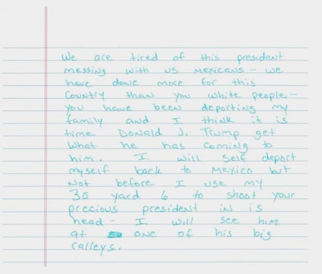 An image provided by the Department of Homeland Security to news outlets last week showed part of a handwritten letter that the homeland security secretary, Kristi Noem, said was a genuine threat on the life of President Donald Trump