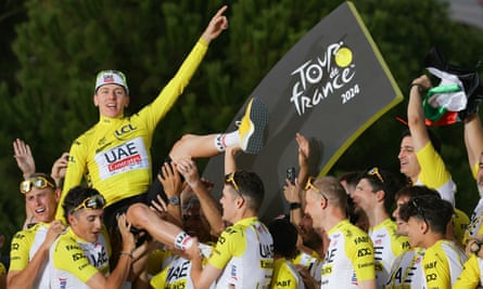Tadej Pogacar enjoys his overall victory in this year’s Tour de France.