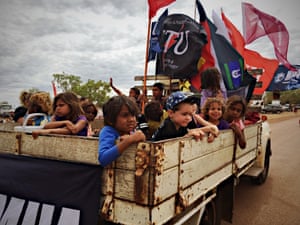 Children hitch a ride in the back of a Bedford truck - a replica of that used in the historic Wave Hill walk-off in 1966.
