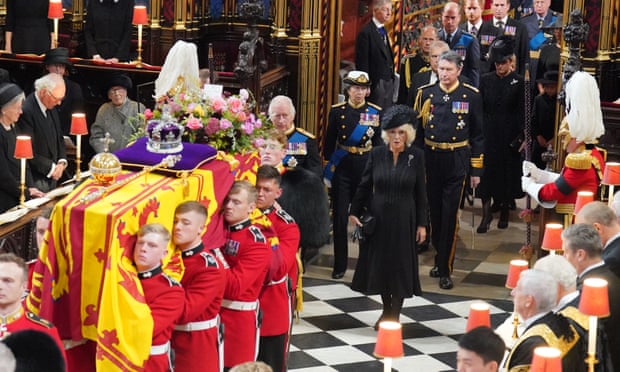 The Queen’s coffin is carried into Westminster Abbey for the state funeral service on Monday.