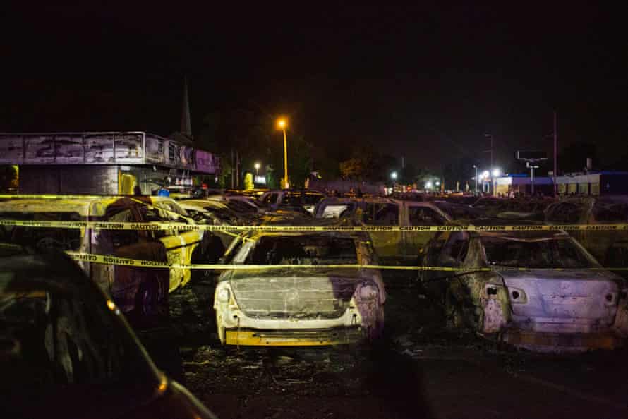 A destroyed car lot south of the Kenosha court house in Kenosha, Wisconsin on August 25, 2020.