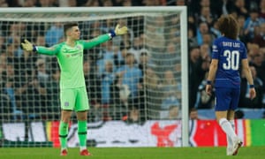Kepa Arrizabalaga gestures to the Chelsea bench after refusing to be substituted.