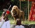 Susan and Lucy Pevensie watch Aslan the lion standing outside a tent in The Lion the Witch and the Wardrobe