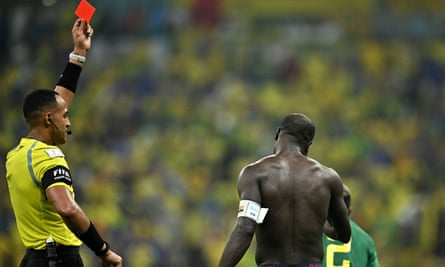 Vincent Aboubakar is shown a red card by the referee Ismail Elfath