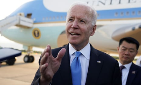 Joe Biden speaks to the media before boarding Air Force One in Geneva.