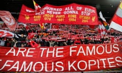 The Kop in full voice just before the Liverpool v Roma Champions League semi-final at Anfield on 24 April 2018