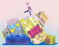 A payment terminal, piles of cash and a tip jar with a tiny waiter balancing on its rim