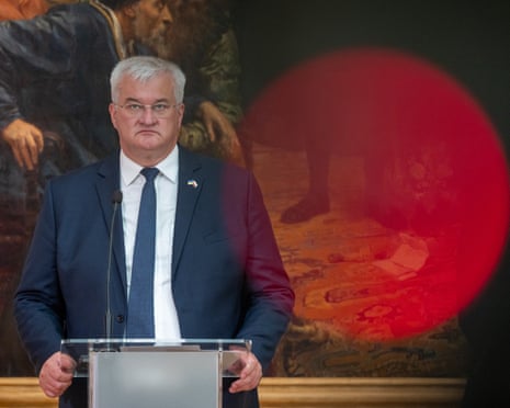 Ukraine's foreign minister Andrii Sybiha addresses a press conference at the National Museum in Lublin.