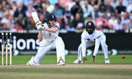 Harry Brook prepares to play a shot against Sri Lanka.