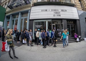 Crowds outside the Evian X Virgil Abloh pop-up in the Tribeca neighbourhood of New York in 2019. The limited edition bottles, prized by collectors, were designed by Virgil Abloh