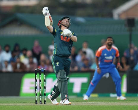 Travis Head is caught in the first over of the T20 between Australia and India at Bellerive Oval.