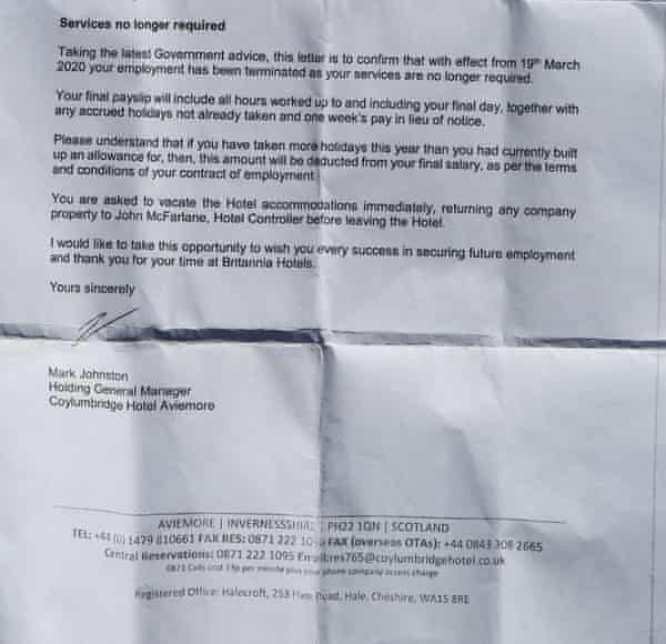 The letter given to staff who were sacked from the Coylumbridge hotel