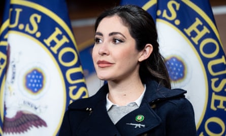 Anna Paulina Luna, a Republican member of congress for Florida, wearing a pin shaped like an assault rifle earlier this year.