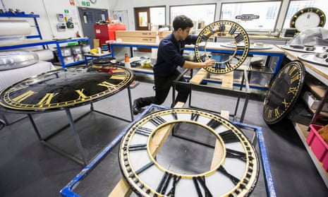 Apprentice clockmaker Ben Fox in the finishing room at Smith of Derby.