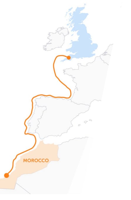 La ruta propuesta para el cable submarino de Marruecos al Reino Unido.