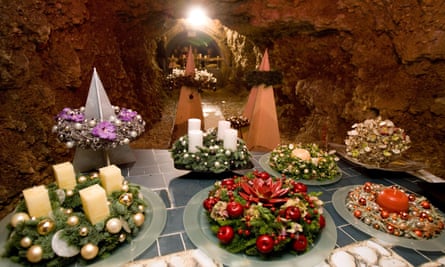 Advent wreaths on display at an exhibition in the underground tunnels of Kranj, Slovenia.